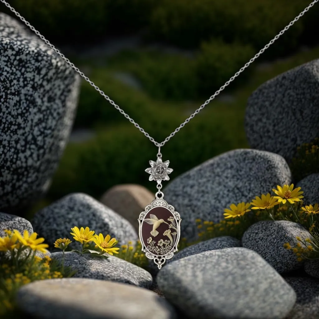 Yspace Lotus Charm Necklace Antique Decor Cameo Pendant 2 Chains Velvet Pouch for Gift