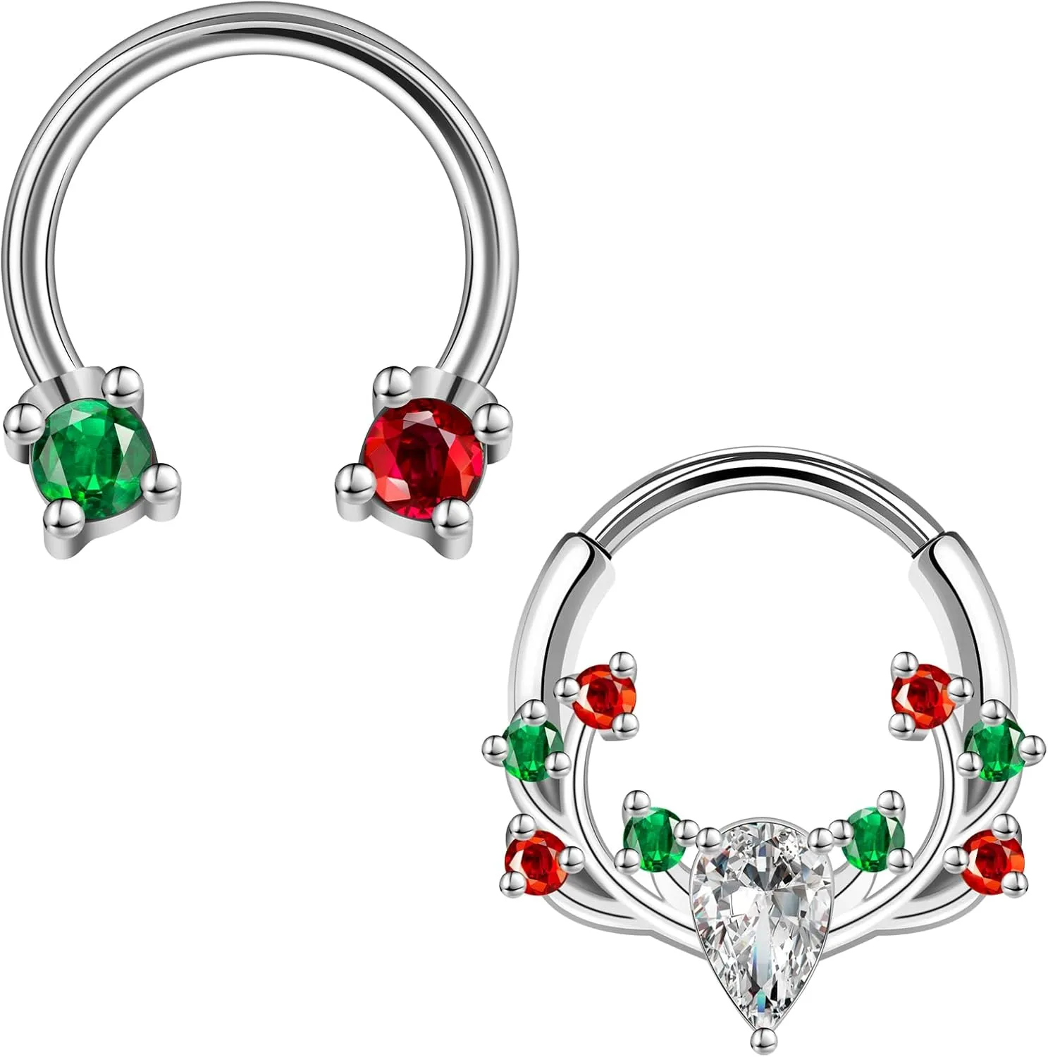 ZS 2Pcs Christmas Horseshoe Nose Ring Septum Rings, 16G Stainless Steel Hinged Segment Ring Cartilage Earring Hoop Xmas Trees Candy Daith Ear Piercing Jewelry for Women Men