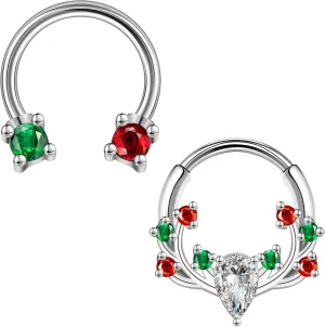 ZS 2Pcs Christmas Horseshoe Nose Ring Septum Rings, 16G Stainless Steel Hinged Segment Ring Cartilage Earring Hoop Xmas Trees Candy Daith Ear Piercing Jewelry for Women Men