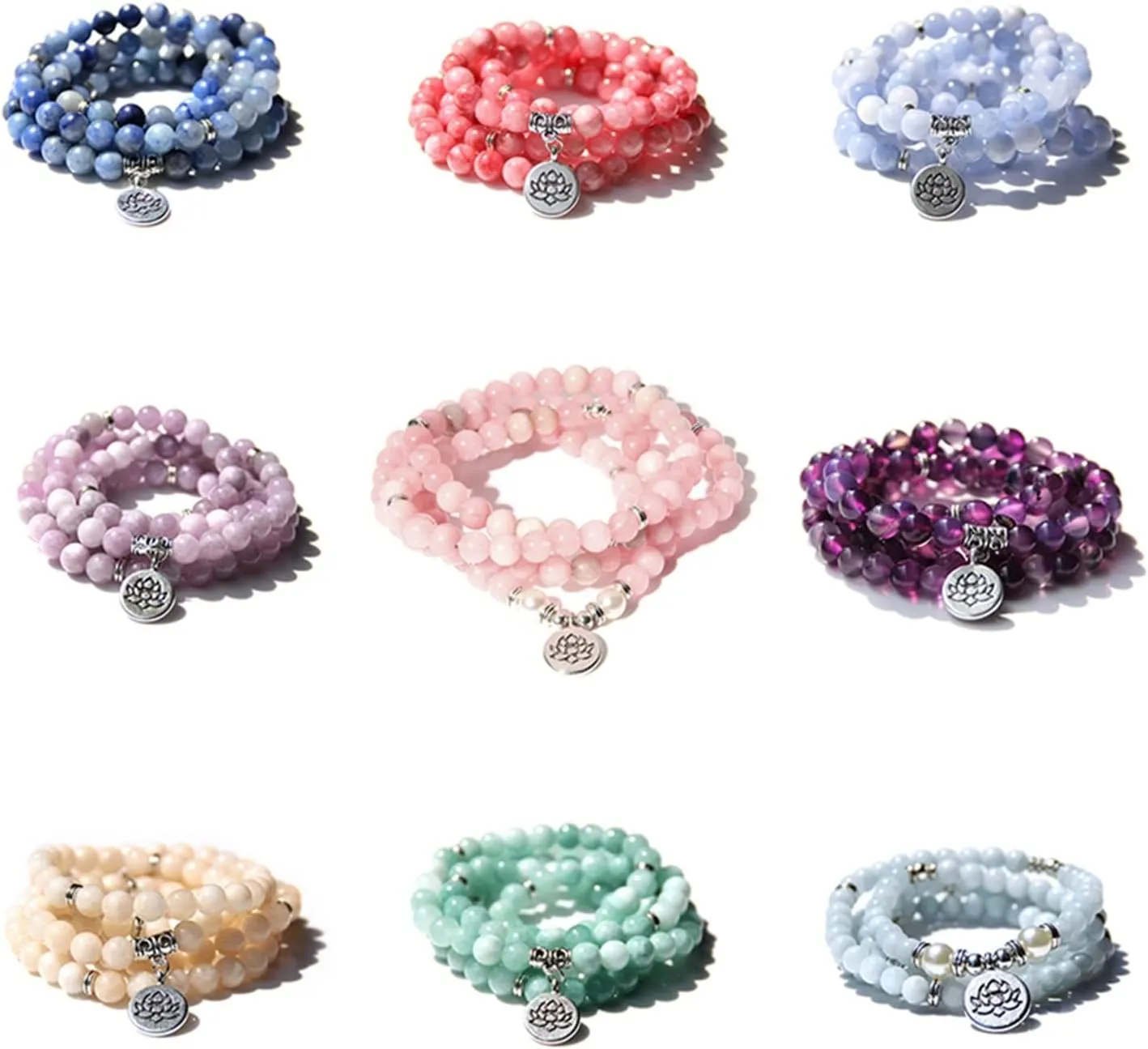ZZSRJ Buddhist 108 Bead Bracelet Ladies Yoga Prayer Lotus 8mm Stone Bead Bracelet (Metal Color : 9, Size : ONE)