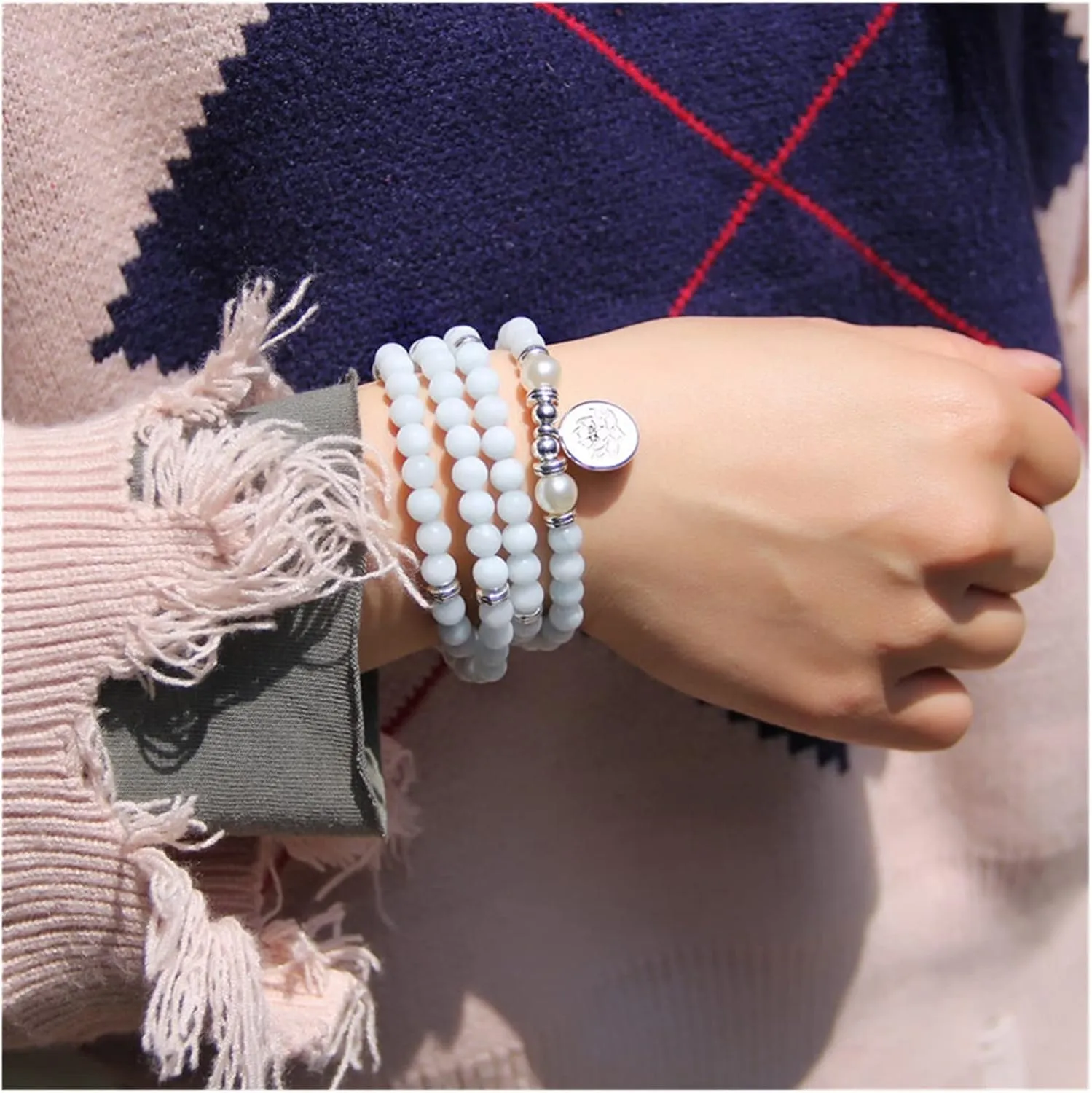 ZZSRJ Buddhist 108 Bead Bracelet Ladies Yoga Prayer Lotus 8mm Stone Bead Bracelet (Metal Color : 9, Size : ONE)